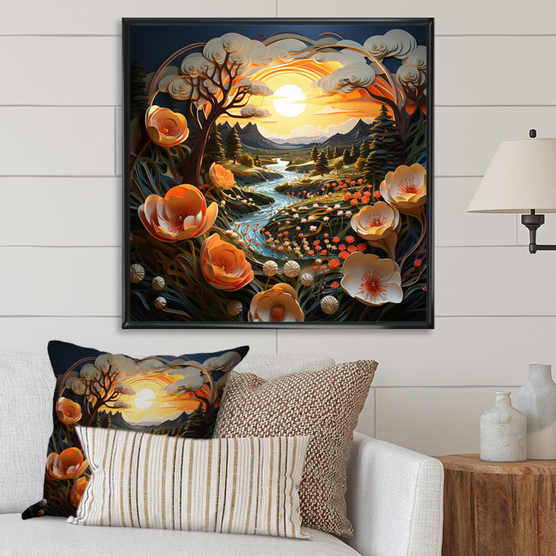 Sunset Golden Meadow Collage I - Landscapes Wall Decor, Cadre flottant noir, 36" H x 36" W