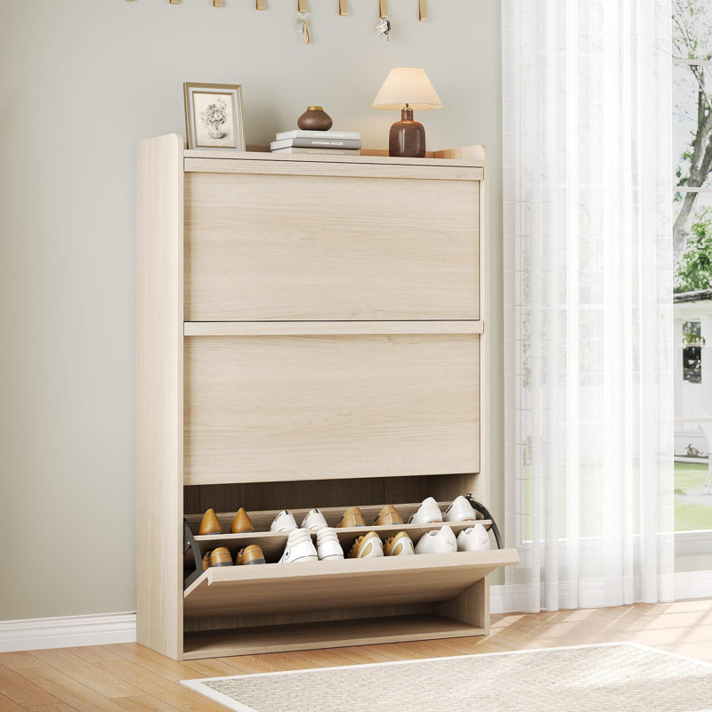 Shoe Cabinet With 3 Flip Drawers, Modern Shoe Storage For Entryway, Natural Wood