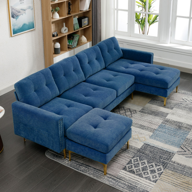 110" Lshape Convertible Sectional Sofa Couch With Movable Ottoman, Blue