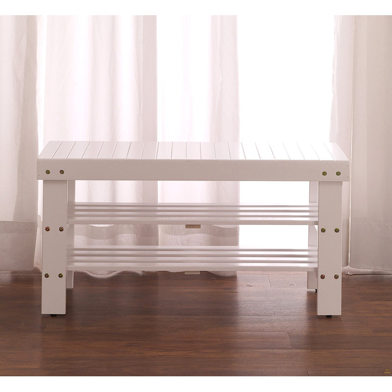 Banc à chaussures en bois massif de qualité Pina, finition blanche, Blanc