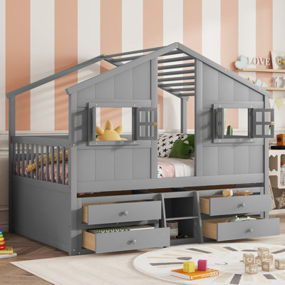 Full Size House-Themed Pine Loft Bed with Roof, Windows, and 4 Storage Drawers, Gray