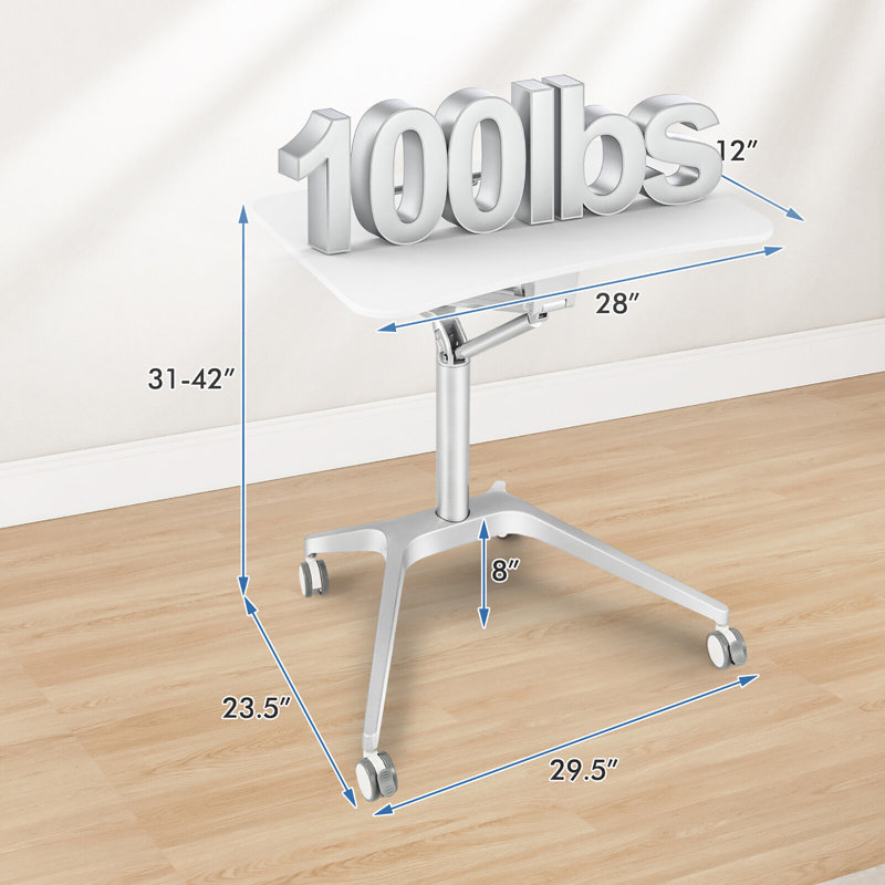 42'' H Laptop Cart with Wheels, 42" H x 29.5" W x 23.5" D, White/Silver