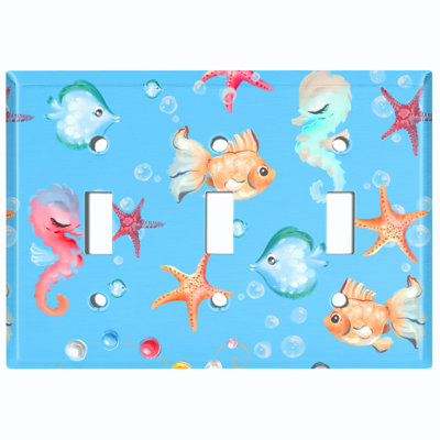 Mermaid Ocean Star Fish Bubbles Blue 3 - Gang Toggle Light Switch Standard Wall Plate