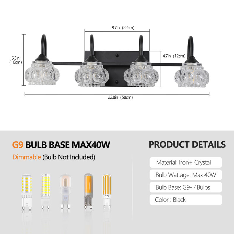 4-Light Retro Crystal Vanity Light, Black