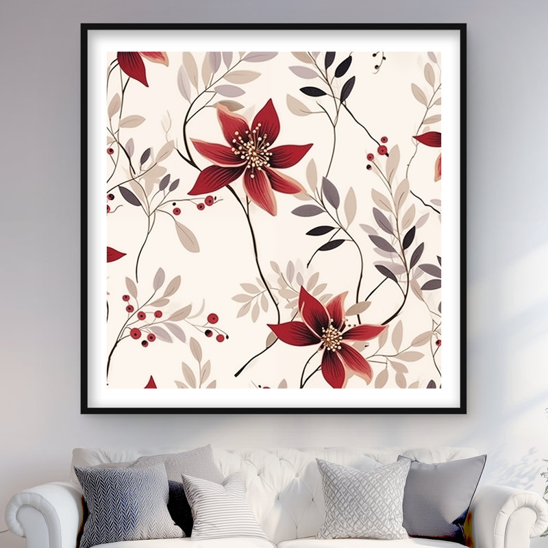 Motif de fleur rouge - imprimé mat bleu encadré pour la décoration intérieure