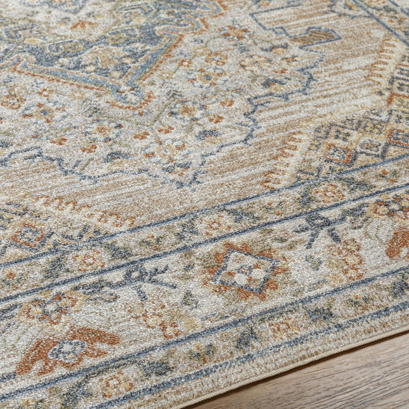 Tapis oriental bleu / taupe lavable à la machine Benbow, Rectangle 9 pi 2 po x 12 pi