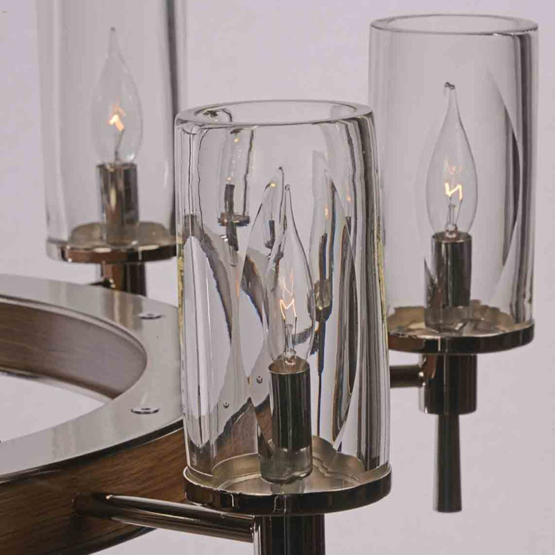 6 - Light Chandelier, 28" H x 32" W x 32" D, Polish Nickel/American Walnut, Clear