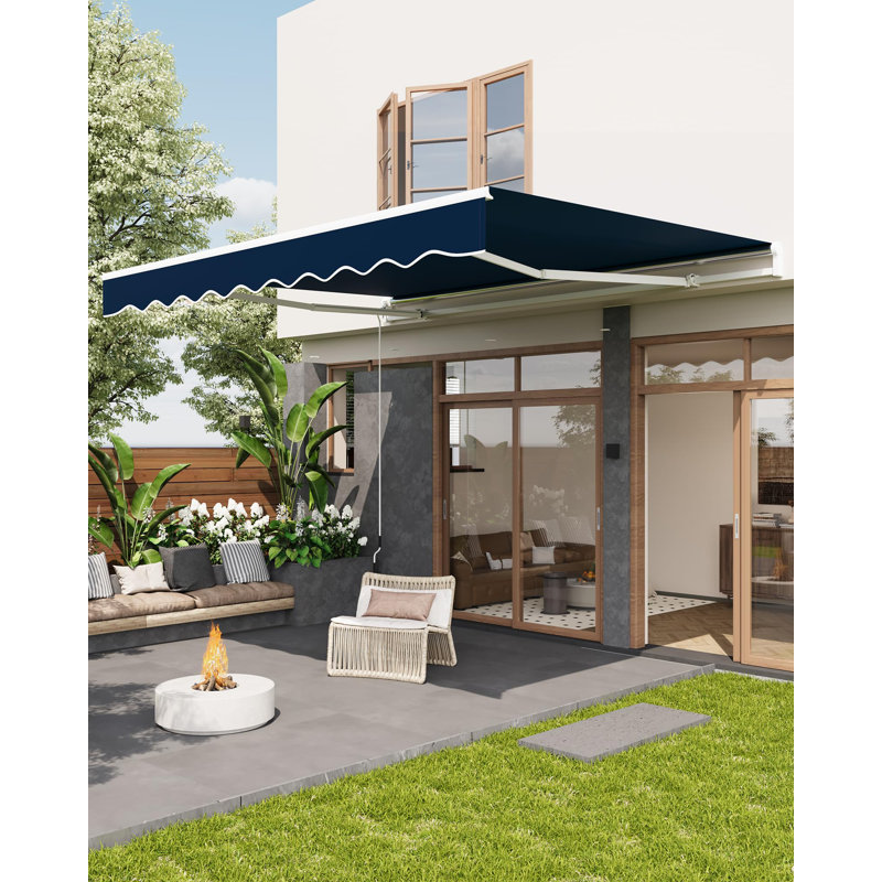 12'x10' Retractable Awning, Manual Awnings for Patio, Sun Shade Patio Awning with Crank Handle, Aluminum Frame, 280 g Polyester Fabric, for Deck, Balcony, Yard, Blue