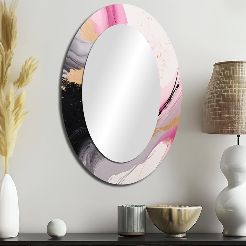 Wild Promises Abstract Gold Wave Pink And Black - Abstract Oval Decorative Mirror On Metal, 36" x 24"