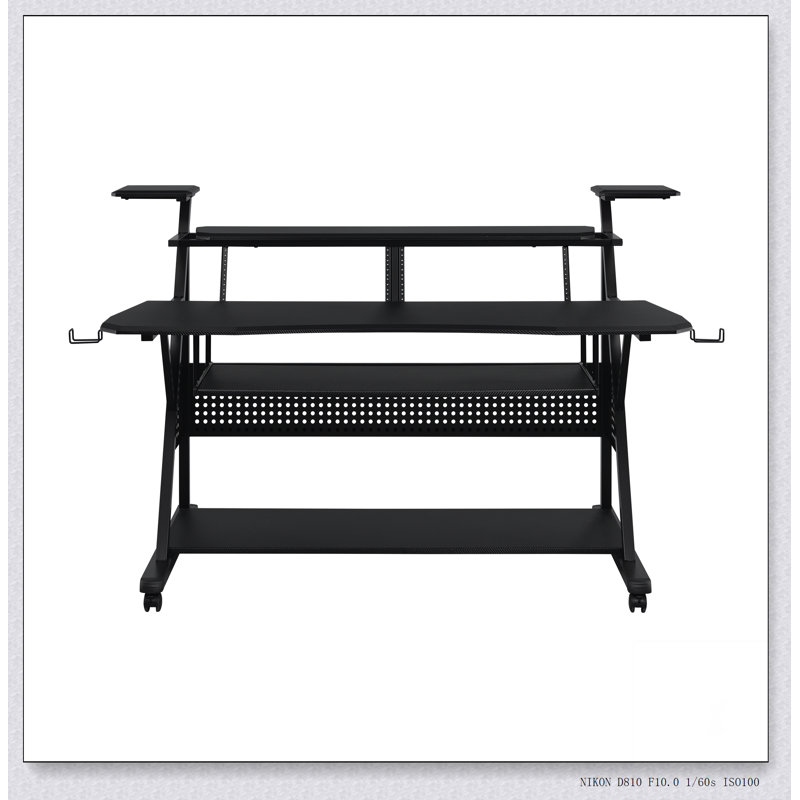 Keyboard Desk with Integrated Studio Storage - Mobile Music Stand for 61-Key MIDI Controllers, Black