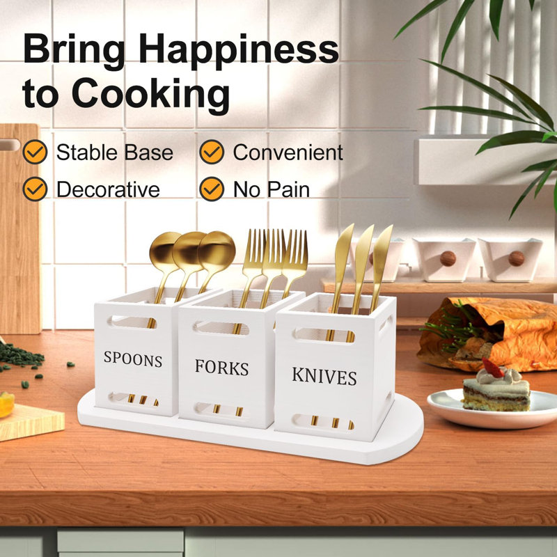 Porte-couverts en bois pour couverts de cuisine avec plateau en bois et ustensiles pour comptoir de cuisine