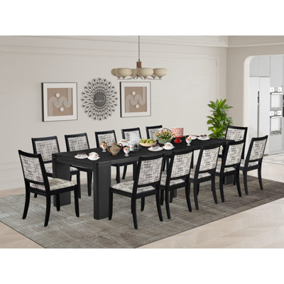 13-piece Xtenczar Dining Table Set a Rectangular Kitchen Table and 12 White & Grey Pattern Faux Leather Stackable Chair, Wire Brushed Black Finish.