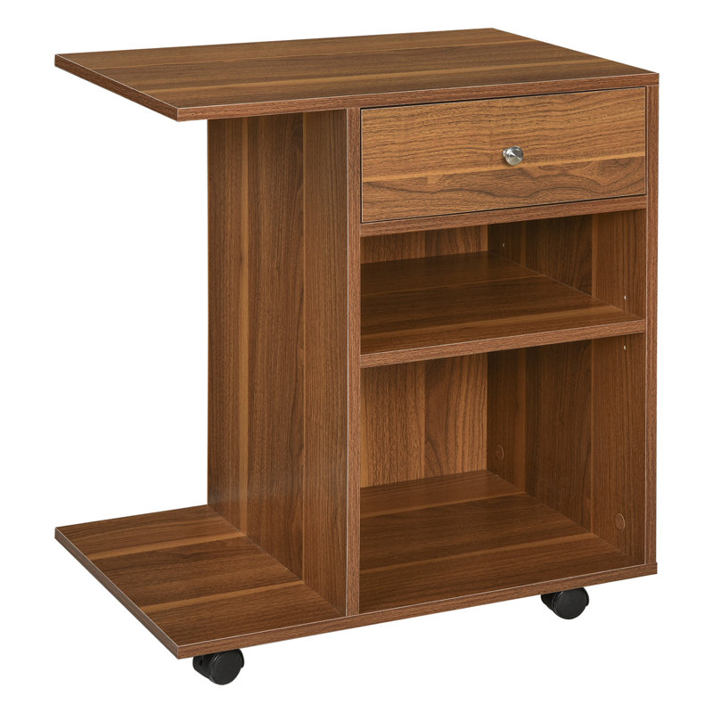 Walnut Particleboard Rolling Printer Stand with Drawer and Shelves