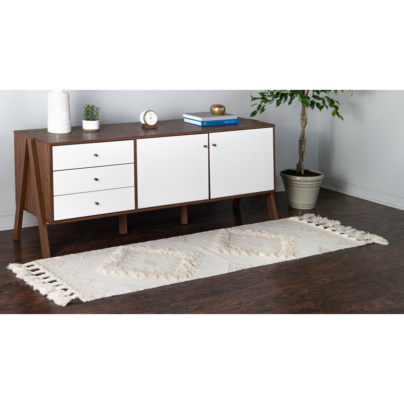 Tapis crème en laine tissé à plat à la main Shriver Southwestern, Tapis de couloir 2 pi 2 po x 6 pi 1 po