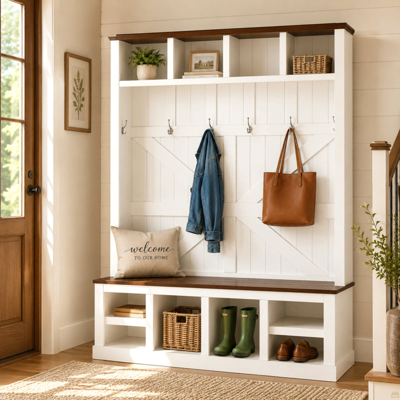 Arbre d'entrée de style campagnard avec banc et rangement pour chaussures, portemanteau d'entrée avec 6 crochets doubles, 4 casiers supérieurs, 4 casiers de rangement inférieurs, tablettes réglables, rangement pour vestibule, vestibule, couloir
