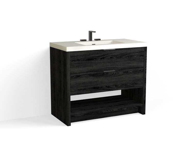 Vue 42" W Freestanding Single Bathroom Vanity, Glossy White/8" Widespread, Nimbus, Matte Black