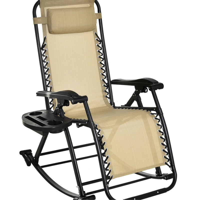 Chaise berçante d'extérieur avec pieds pliables, conception inclinable zéro gravité, coussin, porte-gobelet et téléphone, support beige pour les moments de détente,