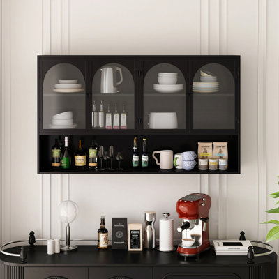 47.25" Four-Door Glass Wall Cabinet Storage, Wall-Mounted,Suitable For Kitchen, Living Room, Bathroom(Black)