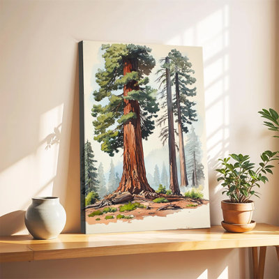 Aquarelle de séquoias géants, paysage forestier, grande toile tendue sur châssis, idéale pour le salon ou la chambre.