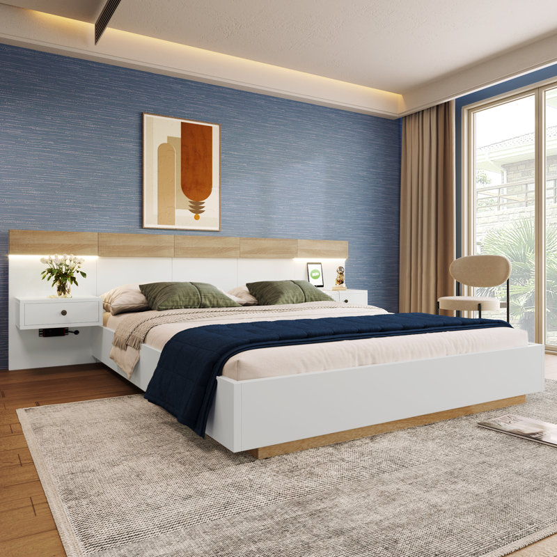 Bed Set With 2 Led Nightstands & Usb Port, European Double (140 x 200 cm)