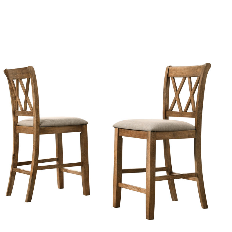 2 chaises de salle à manger rembourrées en tissu brun clair à hauteur de comptoir, 2 - bois franc avec découpe et aspect lin doux de 2 couleurs chaudes