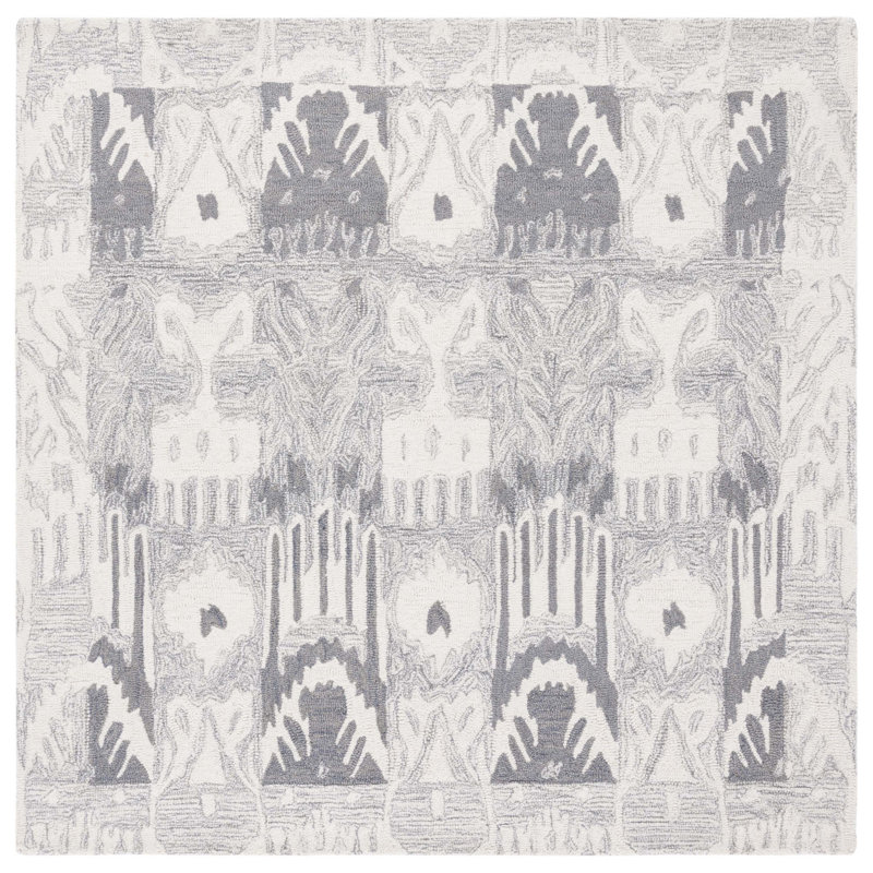 Ikat Hand Tufted Wool/Cotton Ikat Rug in Light Gray/Ivory, Square 6'