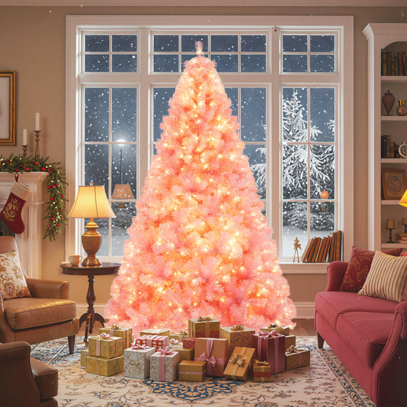 Arbre de Noël artificiel 7,5 pi avec 1300 branches, 550 lumières DEL blanc chaud et 8 modes rose, H 7,5 pi, Rose