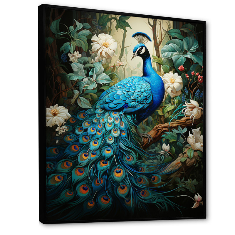 Zellie Teal Peacock - monochrome, art mural paon, H 44 po x l 34 po, Reproduction avec cadre flottant, Doré
