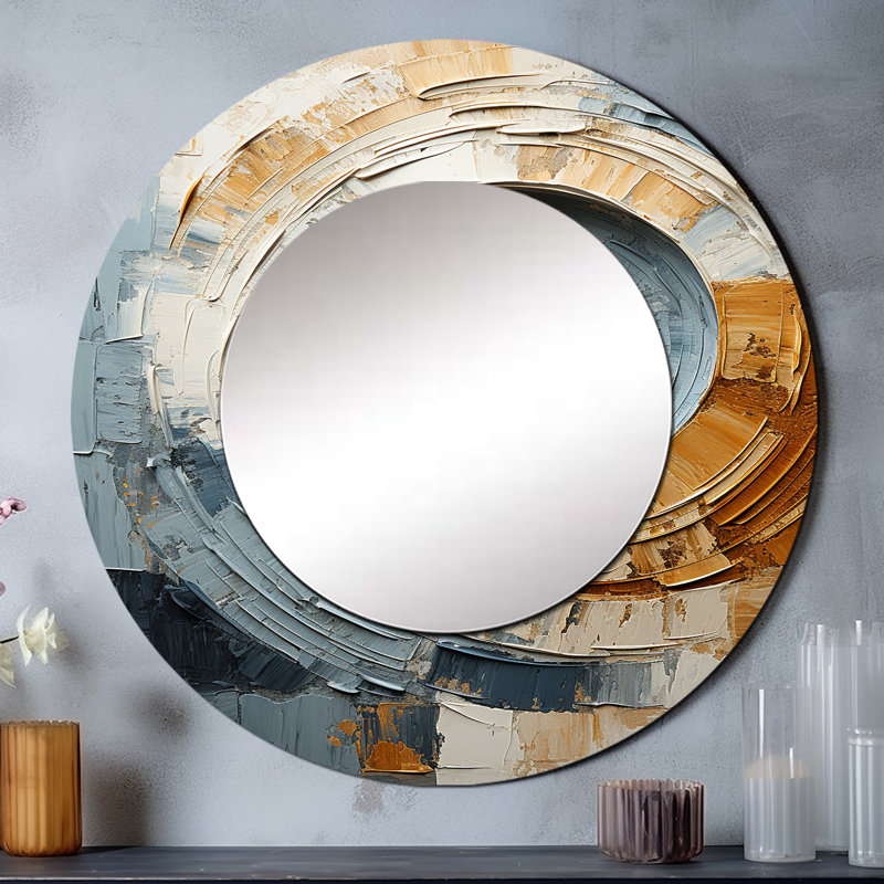 «Blue Gold Timeless Turn Vortex», miroir en spirale abstrait, miroir mural rond bleu unique, impression sur métal