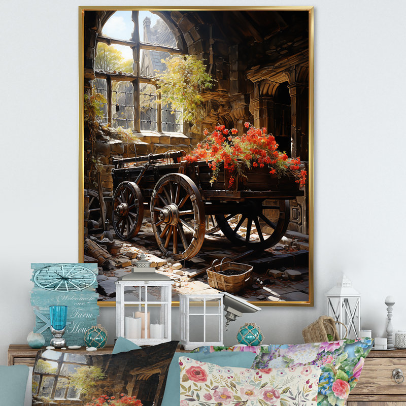 Chariot de transport rustique rouge américain II, Cadre flottant doré, 32" H x 24" W