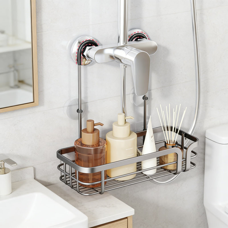 Organisateur de panier de douche suspendu sans perçage avec 6 crochets, 2 façons d'installation, fabrication en acier inoxydable antirouille pour le rangement dans la salle de bain