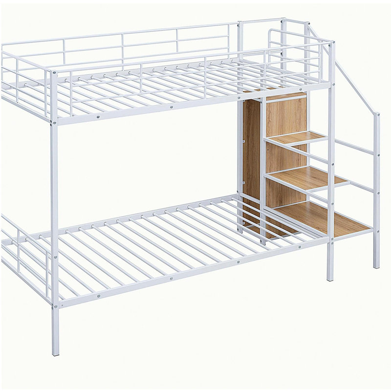 Lit superposé en métal blanc avec échelle de rangement latérale et garde-robe, Blanc