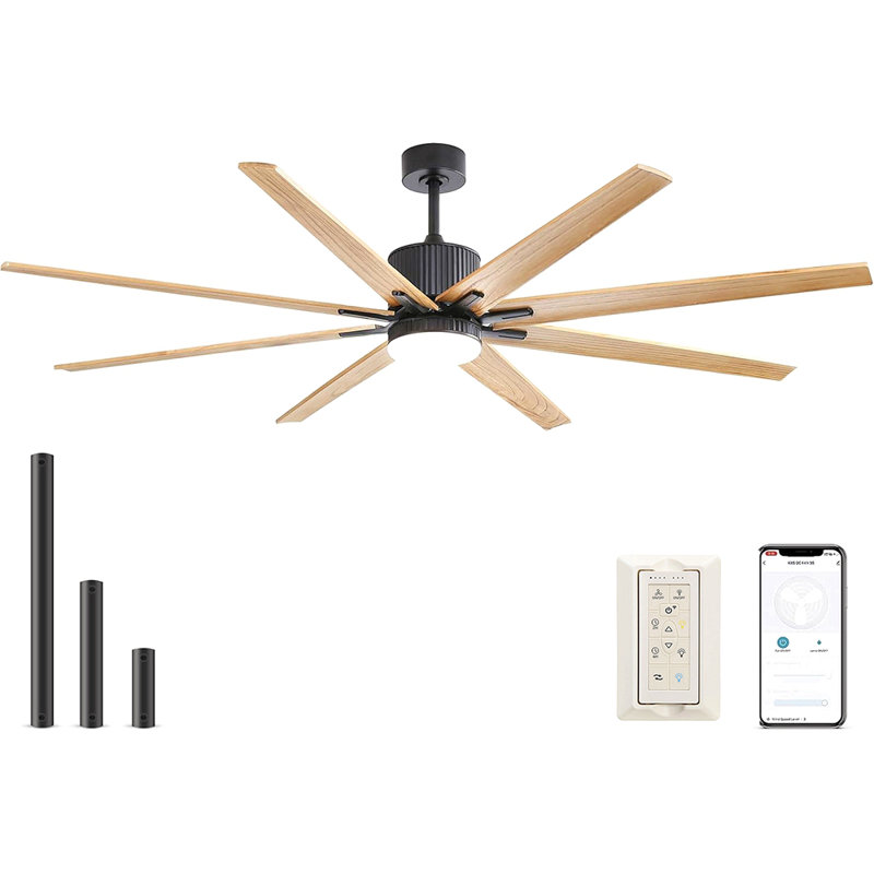 76 Inch Ceiling Fan With Lights Remote Control 8 Solid Wood Blades With 18W Dimmable Led Light