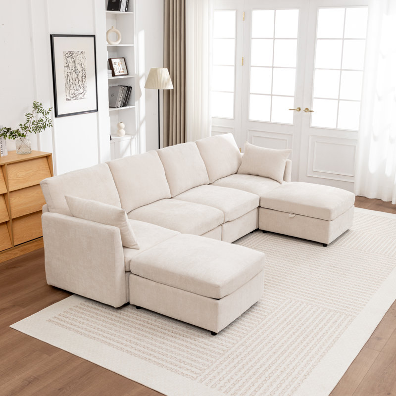 Canapé modulaire en U avec repose-pieds 6 pièces Wilroy, Beige