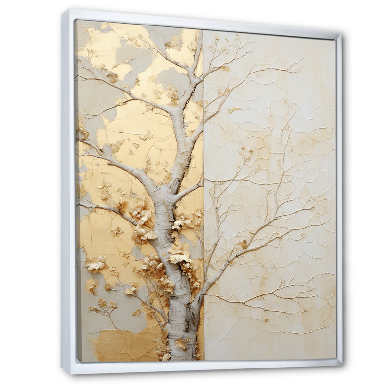 Or doré et beige, tilleul américain - art mural arbre américain, 40" H x 30" W, Cadre flottant blanc