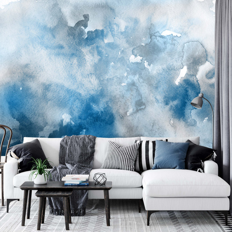 Papier peint amovible aquarelle abstraite bleu foncé et gris, L 9 po x l 15 po