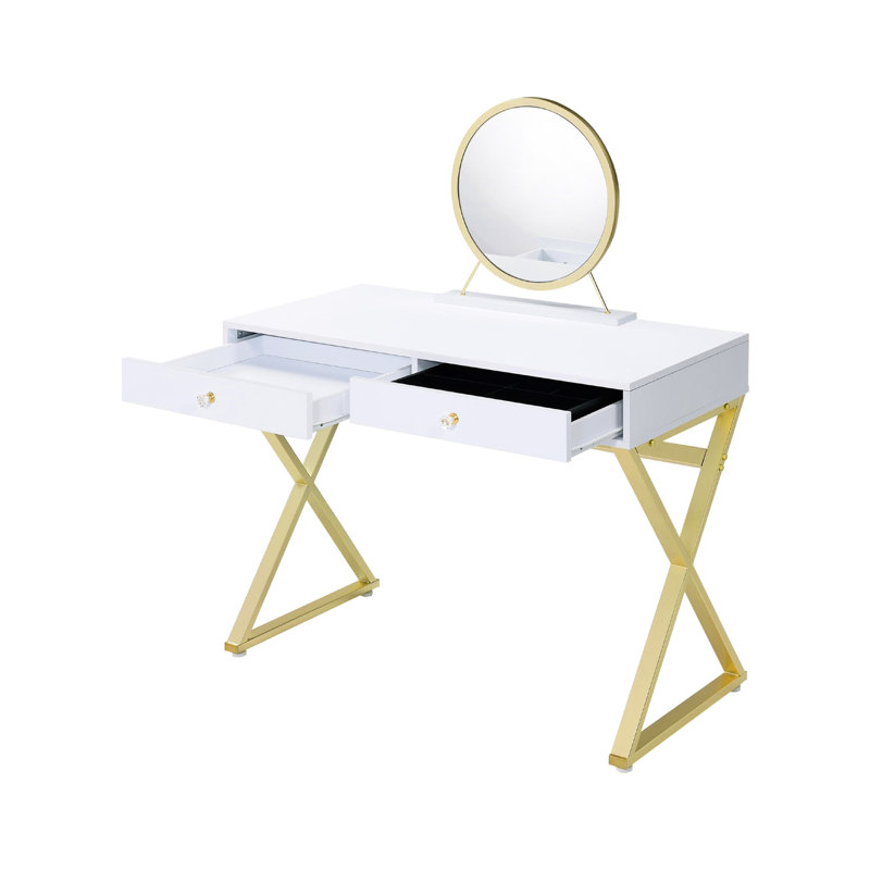 Bureau de coiffeuse rectangulaire avec miroir et plateau à bijoux, style blanc doré, structure en métal, glissière centrale à 2 tiroirs, poignées en cristal