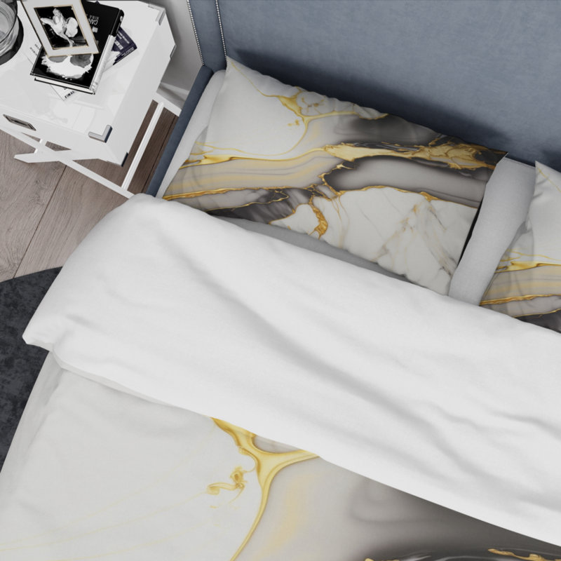 Ensemble d'édredon moderne 4 pièces - Géode abstraite marbre blanc et doré II avec taies décoratives et coussins décoratifs