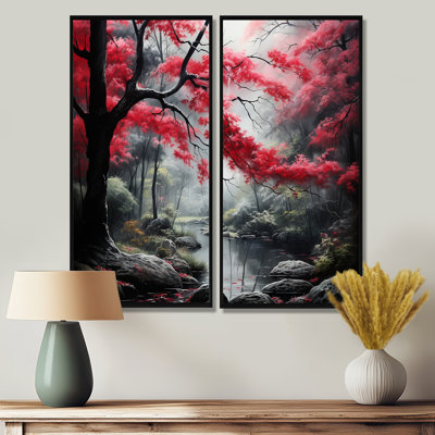Minimalist Monochrome Red Forest III - Red Wall Art Set Of 2