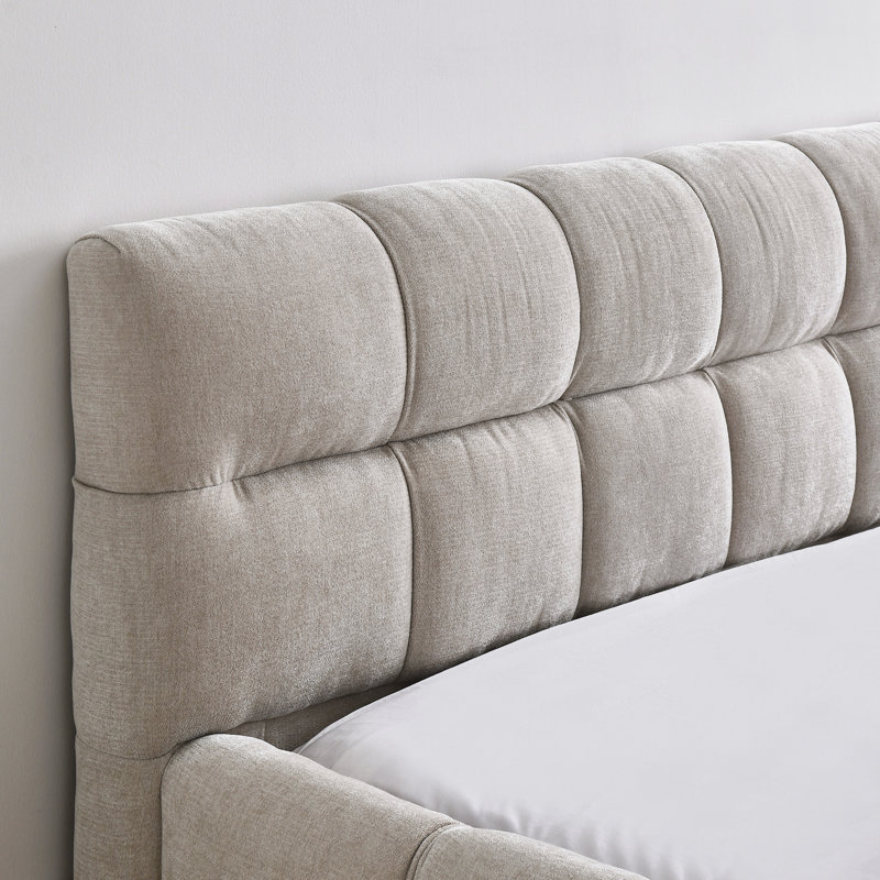 Structure de lit grand moderne beige avec tissu et tête de lit en chenille, stable, sans sommier tapissier, support, ressort