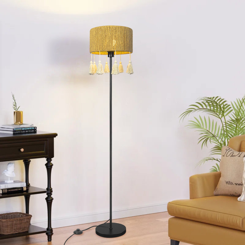Industrial Floor Lamp With Rattan Lampshde Standing Light For Living Room Bedroom Sofa Reading