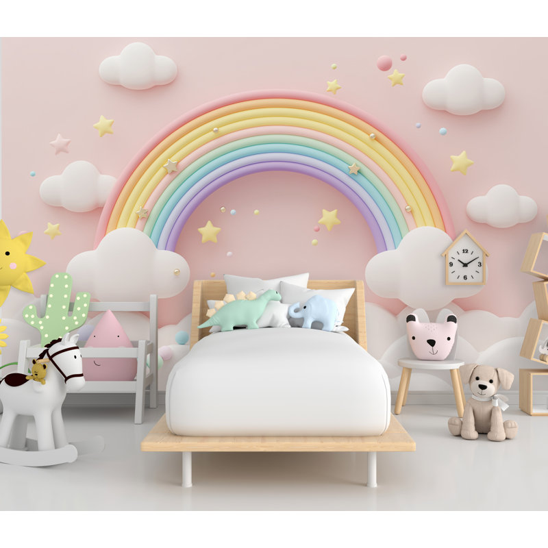 Papier peint aquarelle 3D nuage arc-en-ciel étoiles Peel and Stick Girl , H 50 po x l 75 po, Peel-n-Stick