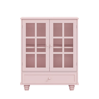 Garde-manger rose 31,5 "avec portes en verre, tiroir et tablettes réglables, petit garde-manger, armoire à café, buffet pour la salle à manger