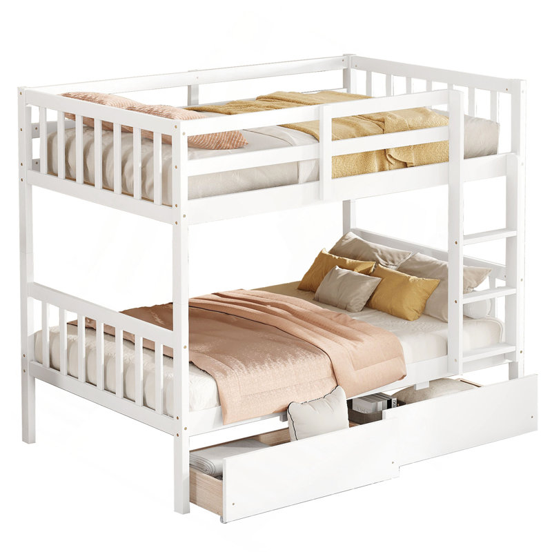 Twin Over Twin Rubber Wood Bunk Bed With 2 Drawers, Convertible Into 2 Twin Beds, Twin Size Bunk Bed With Ladder And Safety Guardrails