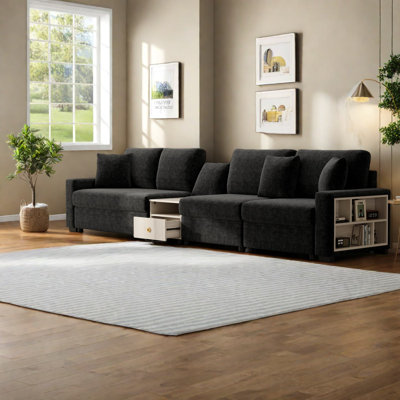 Canapé moderne en chenille noir avec rangement multifonctionnel, idéal pour la maison