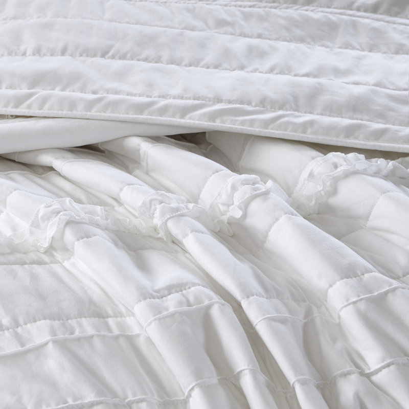 Courtepointe très grand / très grand - réversible blanc, microfibre avec coussin décoratif à volants avec volants réversibles pour jet prélavé