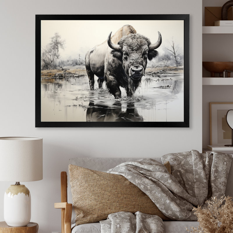 Bison, art mural, reproduction de reflet de la faune, Cadre photo noir, H 30 po x l 40 po x P 1,5 po
