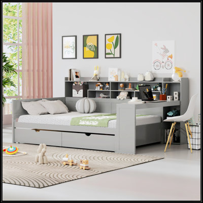 Lit de jour double en bois avec tablettes de rangement