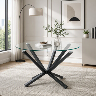 Table de salle à manger ronde en verre trempé avec pieds en métal noir