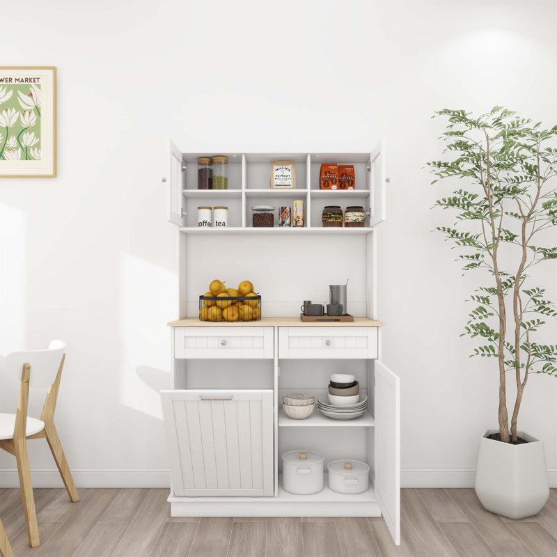 Armoire de rangement pour poubelle de cuisine de 67,7 pouces de hauteur avec 3 tablettes réglables, 2 tiroirs et un compartiment à ordures basculant pour une organisation efficace